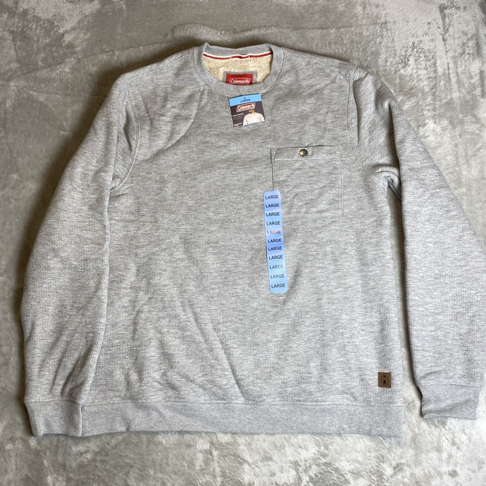Coleman Men's Large Sherpa Lined Crewneck Sweatshirt Gray Snap Pocket NWT